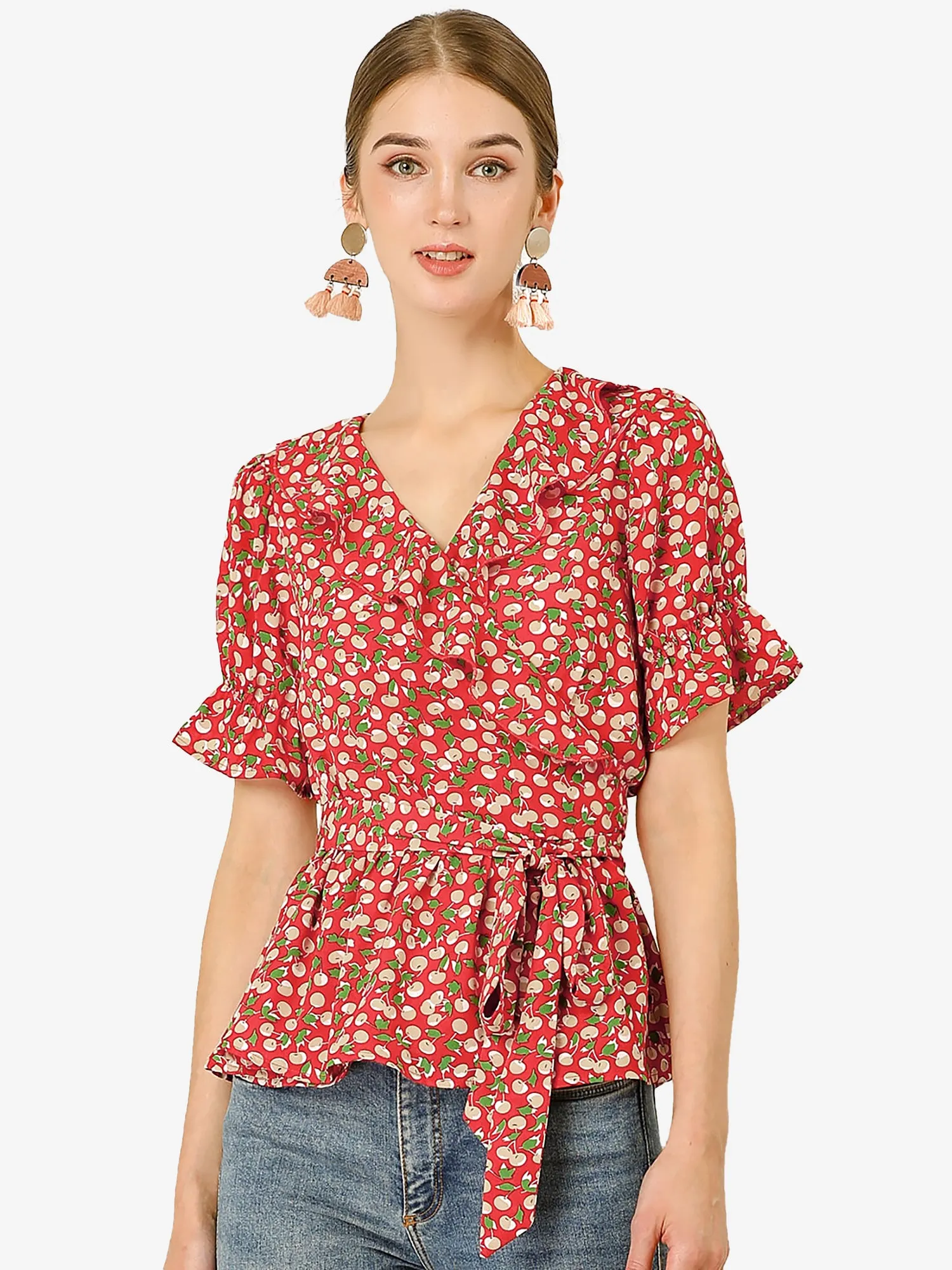 Peplum Tops Sweet Cherry Fruit Crossover V Neck Ruffle Wrap Blouse sold by Allegra K