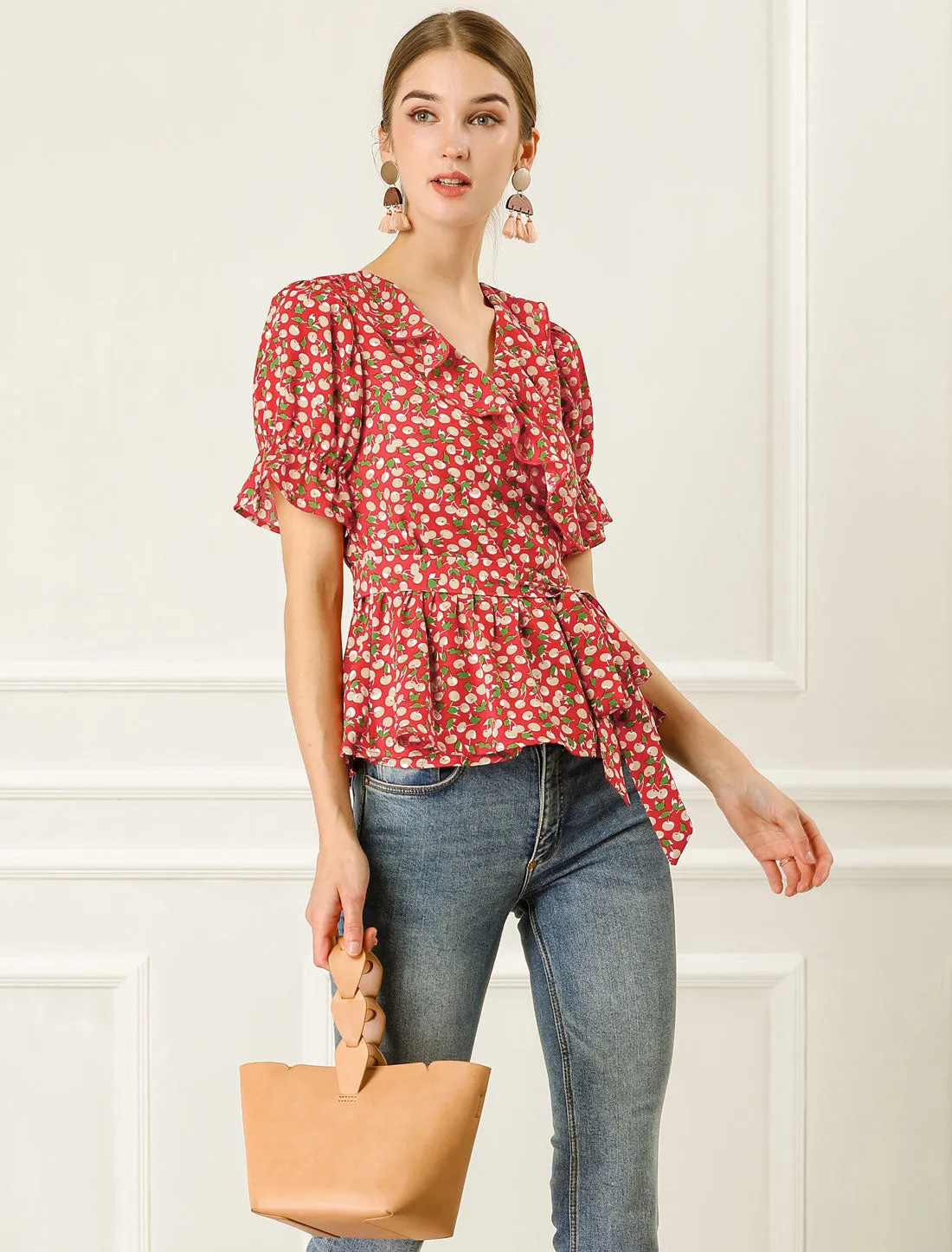 Peplum Tops Sweet Cherry Fruit Crossover V Neck Ruffle Wrap Blouse sold by Allegra K product image thumbnail 3