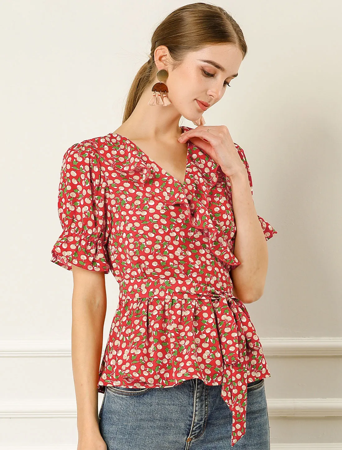 Peplum Tops Sweet Cherry Fruit Crossover V Neck Ruffle Wrap Blouse sold by Allegra K product image thumbnail 2