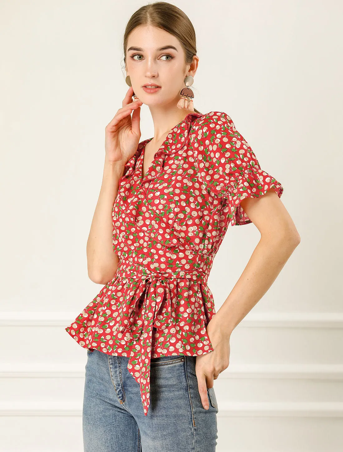 Peplum Tops Sweet Cherry Fruit Crossover V Neck Ruffle Wrap Blouse sold by Allegra K product image thumbnail 4