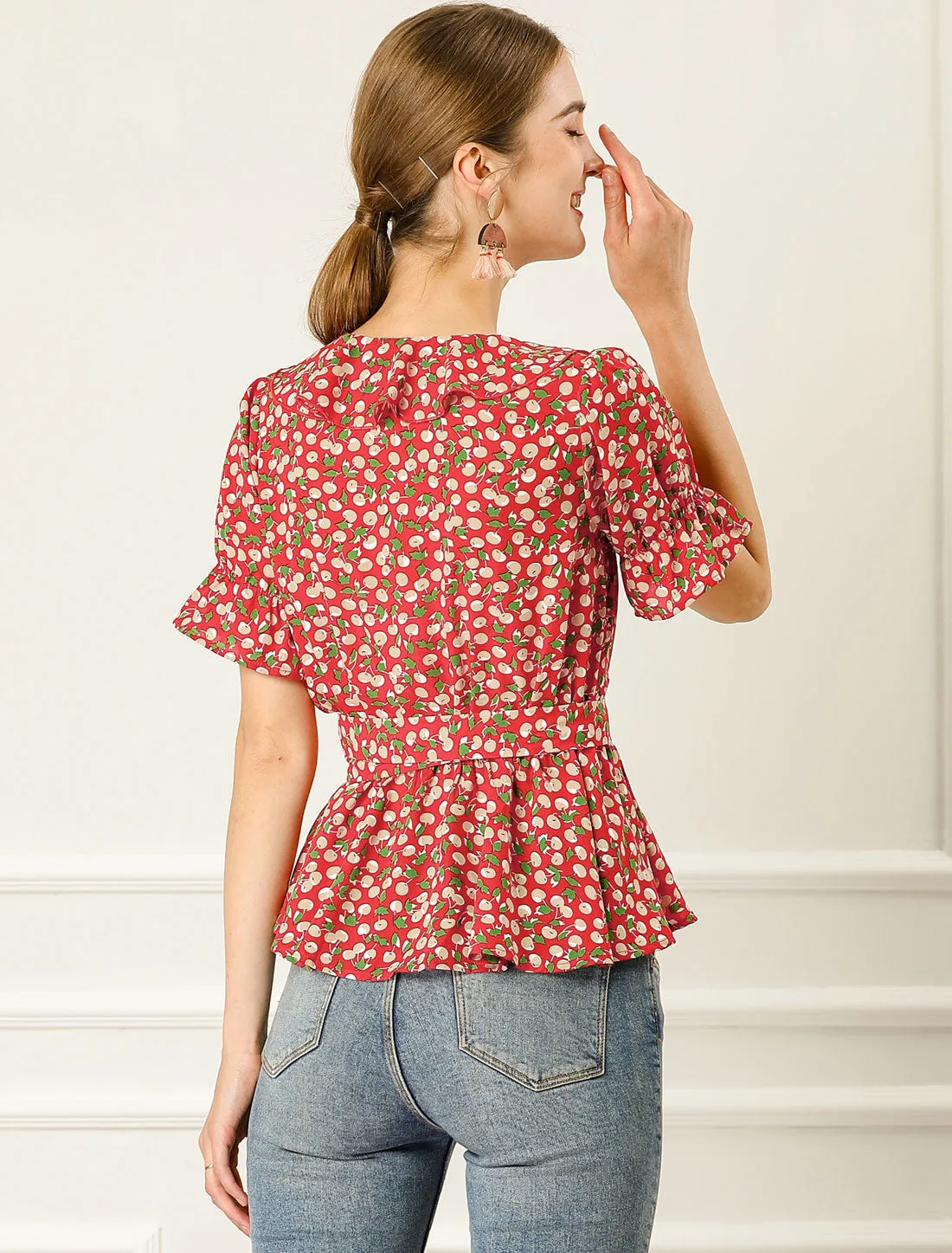 Peplum Tops Sweet Cherry Fruit Crossover V Neck Ruffle Wrap Blouse sold by Allegra K product image thumbnail 5