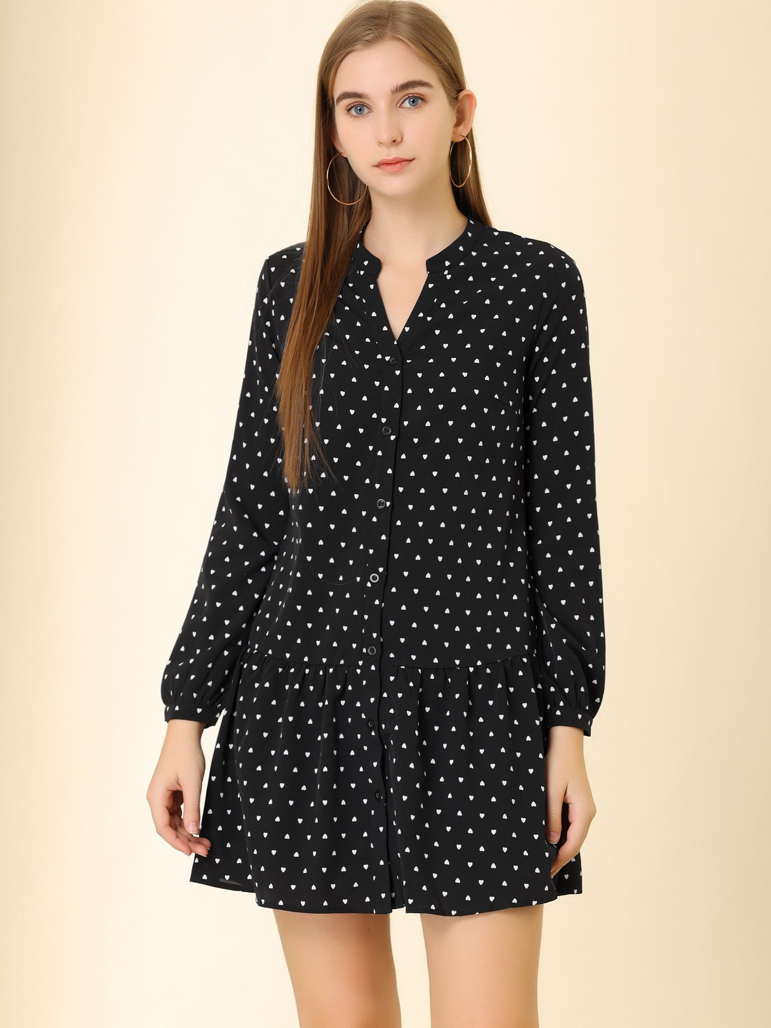 Heart Printed V Neck Babydoll Long Sleeve Tunic Flowy Mini Dress sold by Allegra K