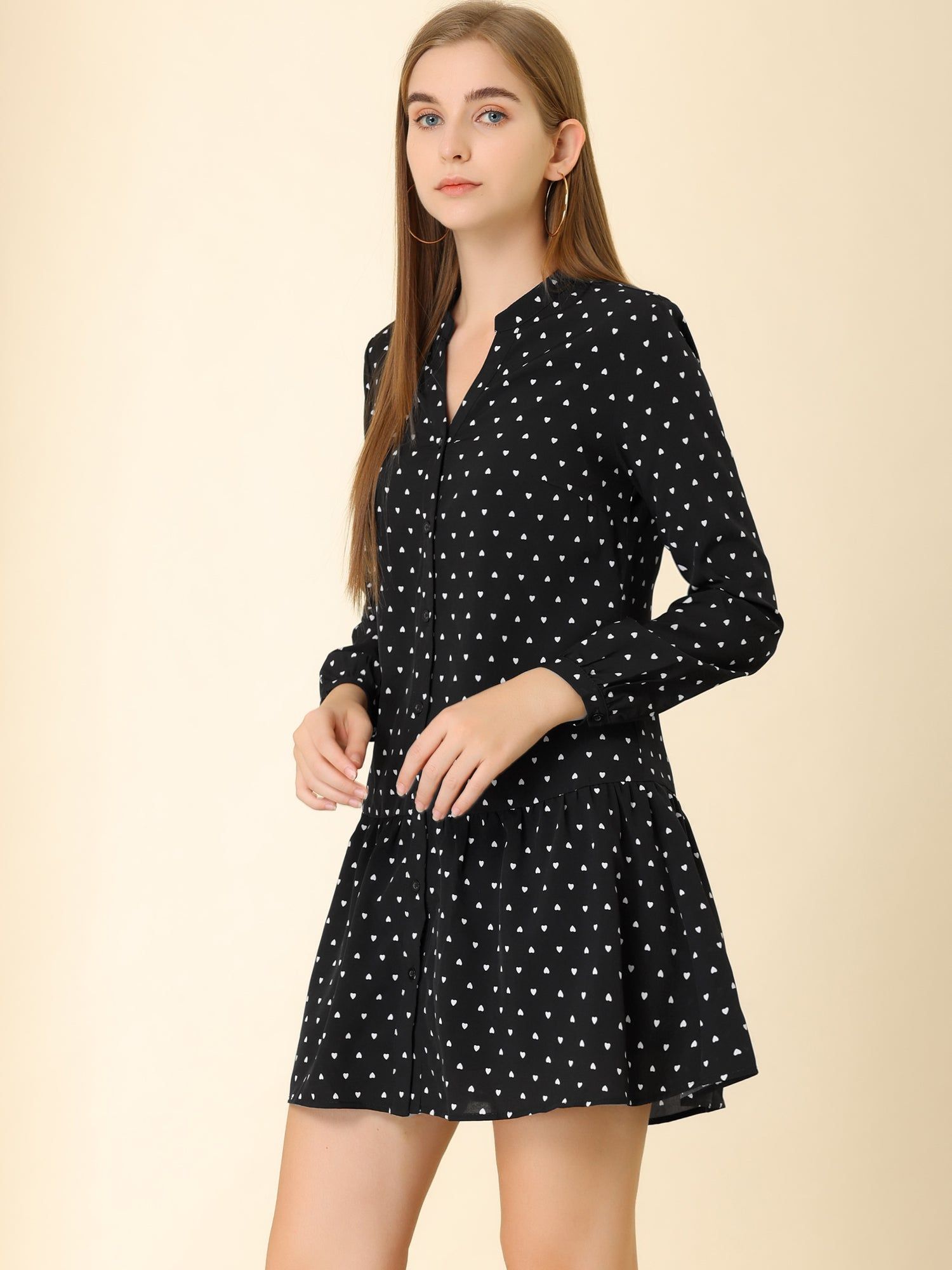 Heart Printed V Neck Babydoll Long Sleeve Tunic Flowy Mini Dress sold by Allegra K product image thumbnail 3