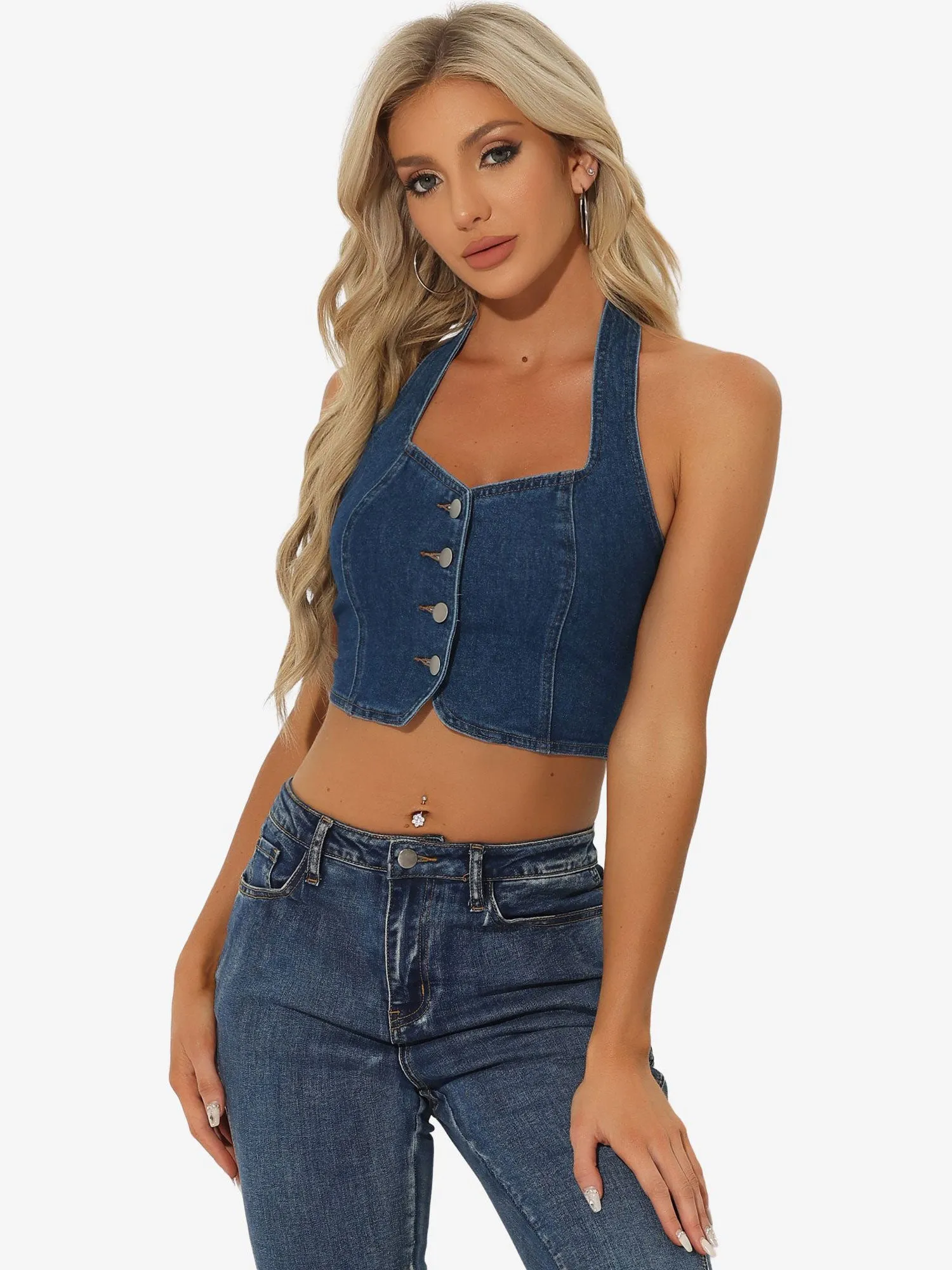 Denim Crop Sleeveless Button Front Halter Tank Top sold by Allegra K