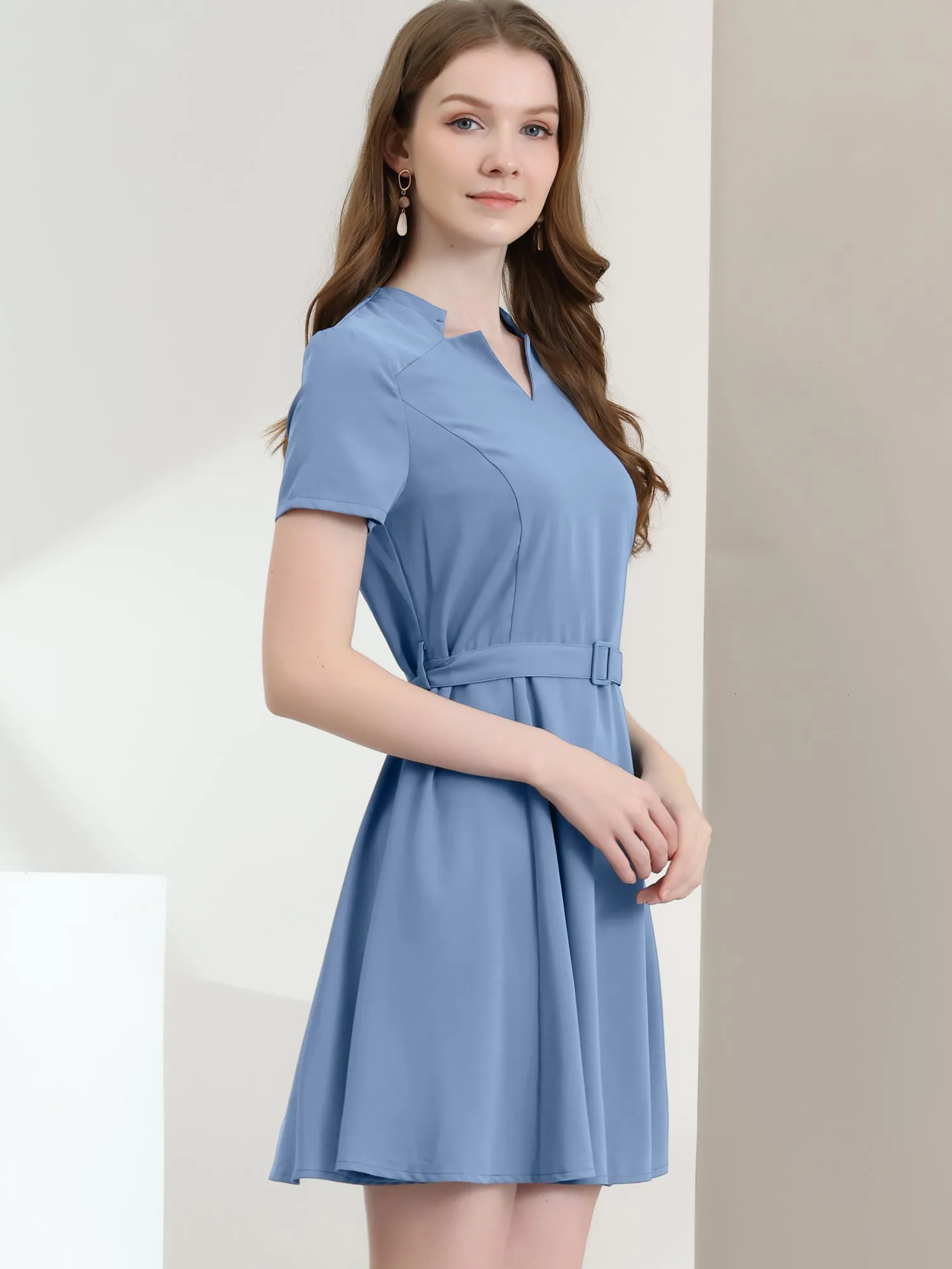 V Neck Short Sleeve A-Line Belted Elegant Work Dress sold by Allegra K