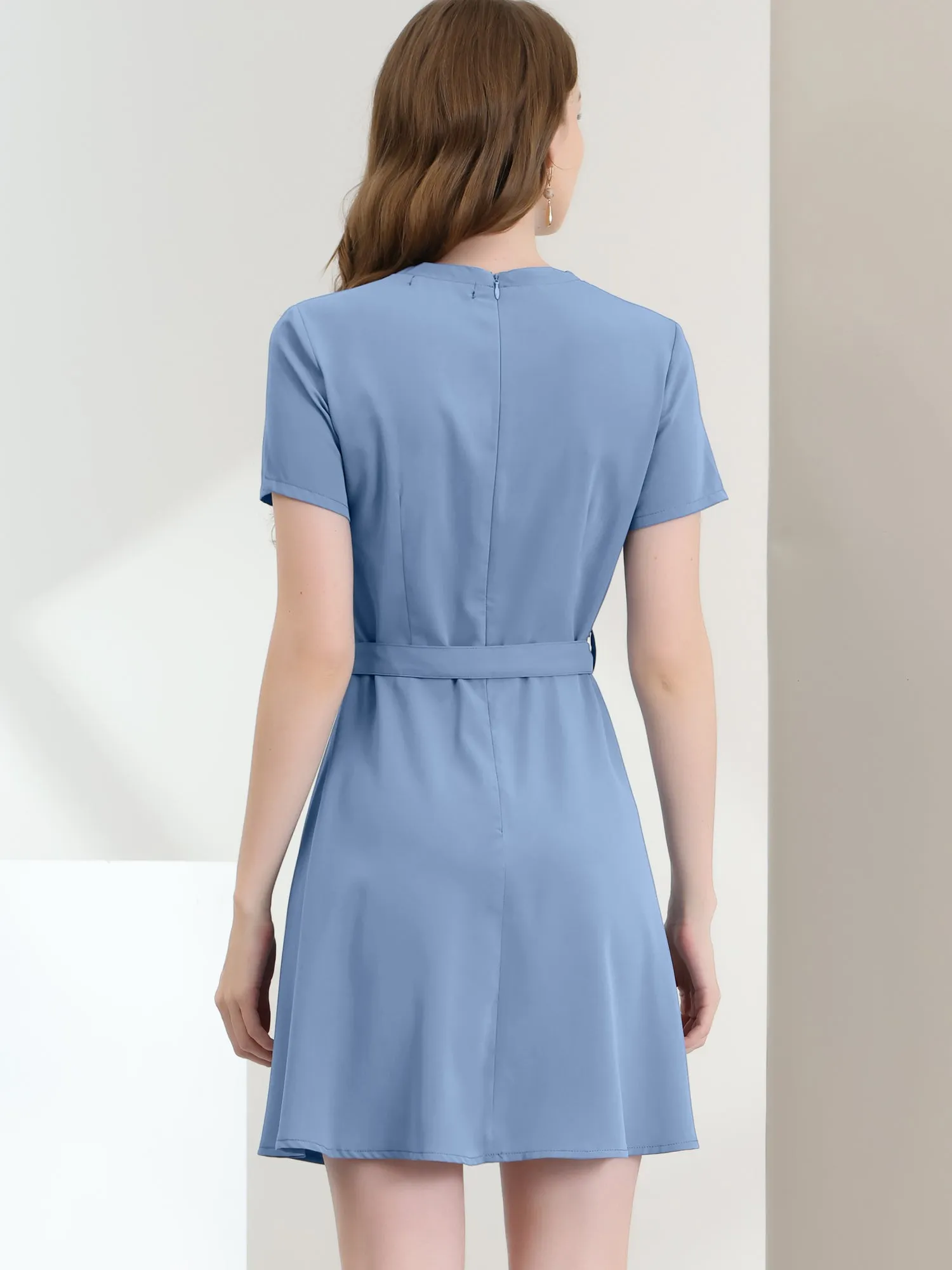 V Neck Short Sleeve A-Line Belted Elegant Work Dress sold by Allegra K product image thumbnail 2