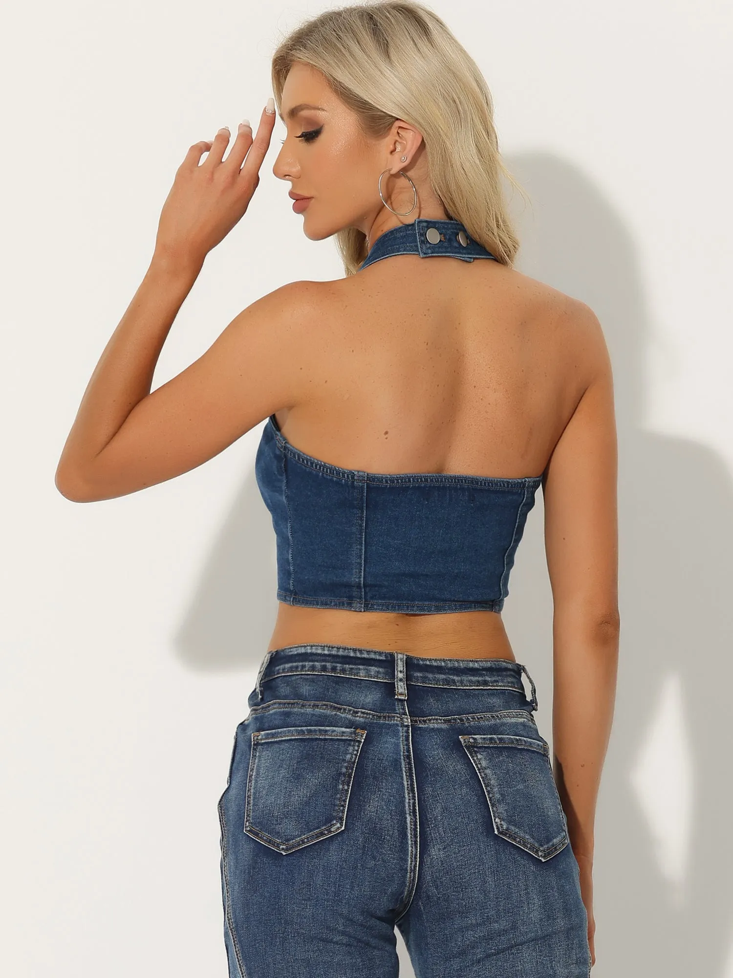 Denim Crop Sleeveless Button Front Halter Tank Top sold by Allegra K product image thumbnail 3
