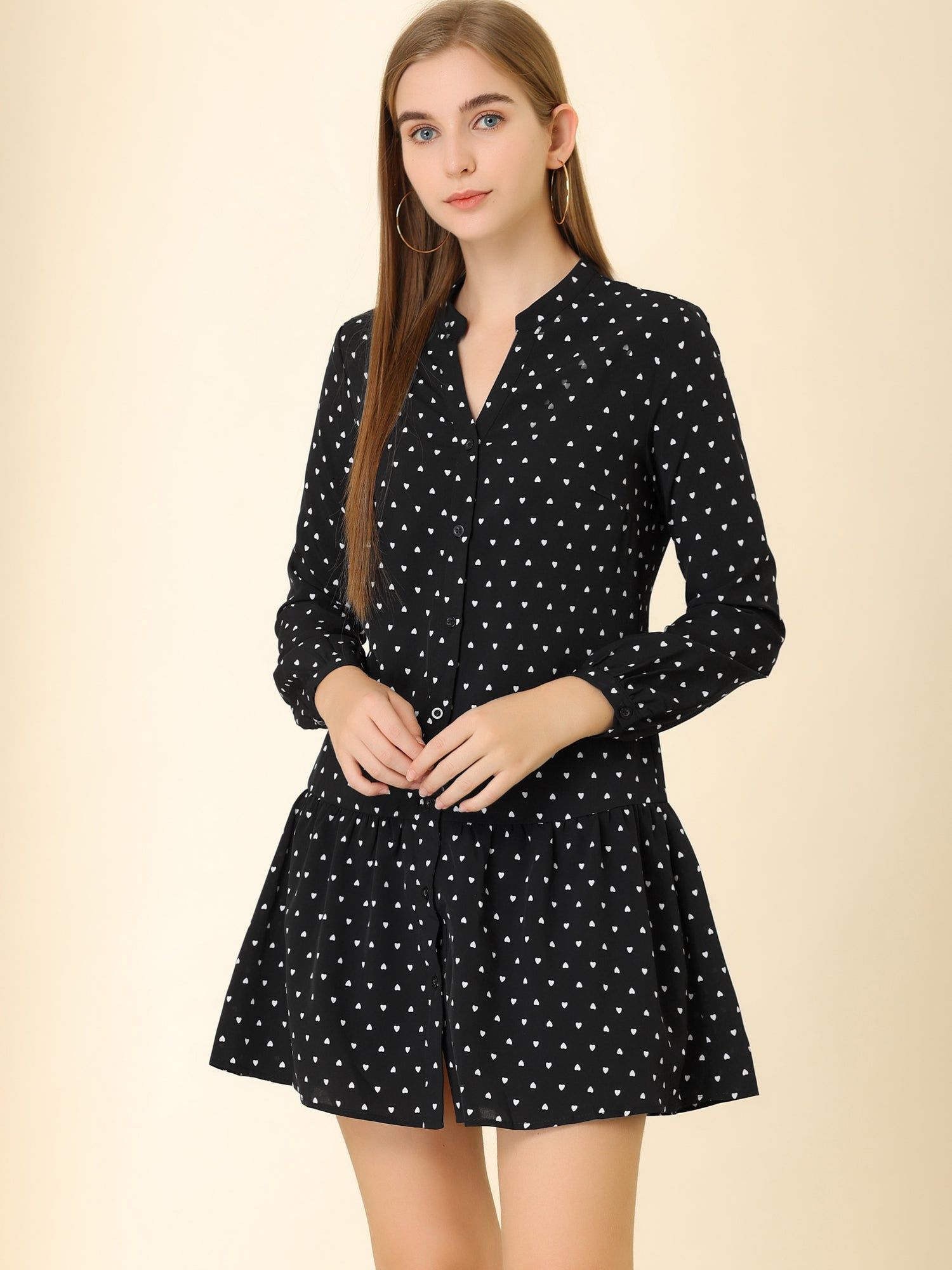 Heart Printed V Neck Babydoll Long Sleeve Tunic Flowy Mini Dress sold by Allegra K product image thumbnail 2