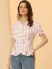 Summer Floral V Neck Ruffle Trim Puff Short Sleeve Button Shirt sold by Allegra K