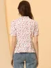 Summer Floral V Neck Ruffle Trim Puff Short Sleeve Button Shirt sold by Allegra K