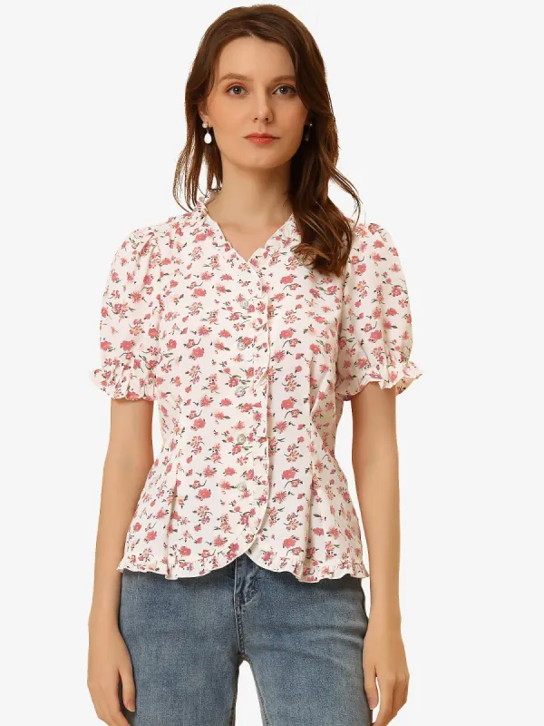 Summer Floral V Neck Ruffle Trim Puff Short Sleeve Button Shirt sold by Allegra K
