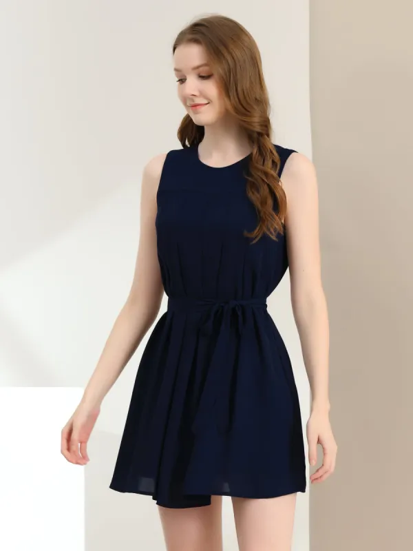 Sleeveless Round Neck Pleated Belted Chiffon Summer Dress sold by Allegra K