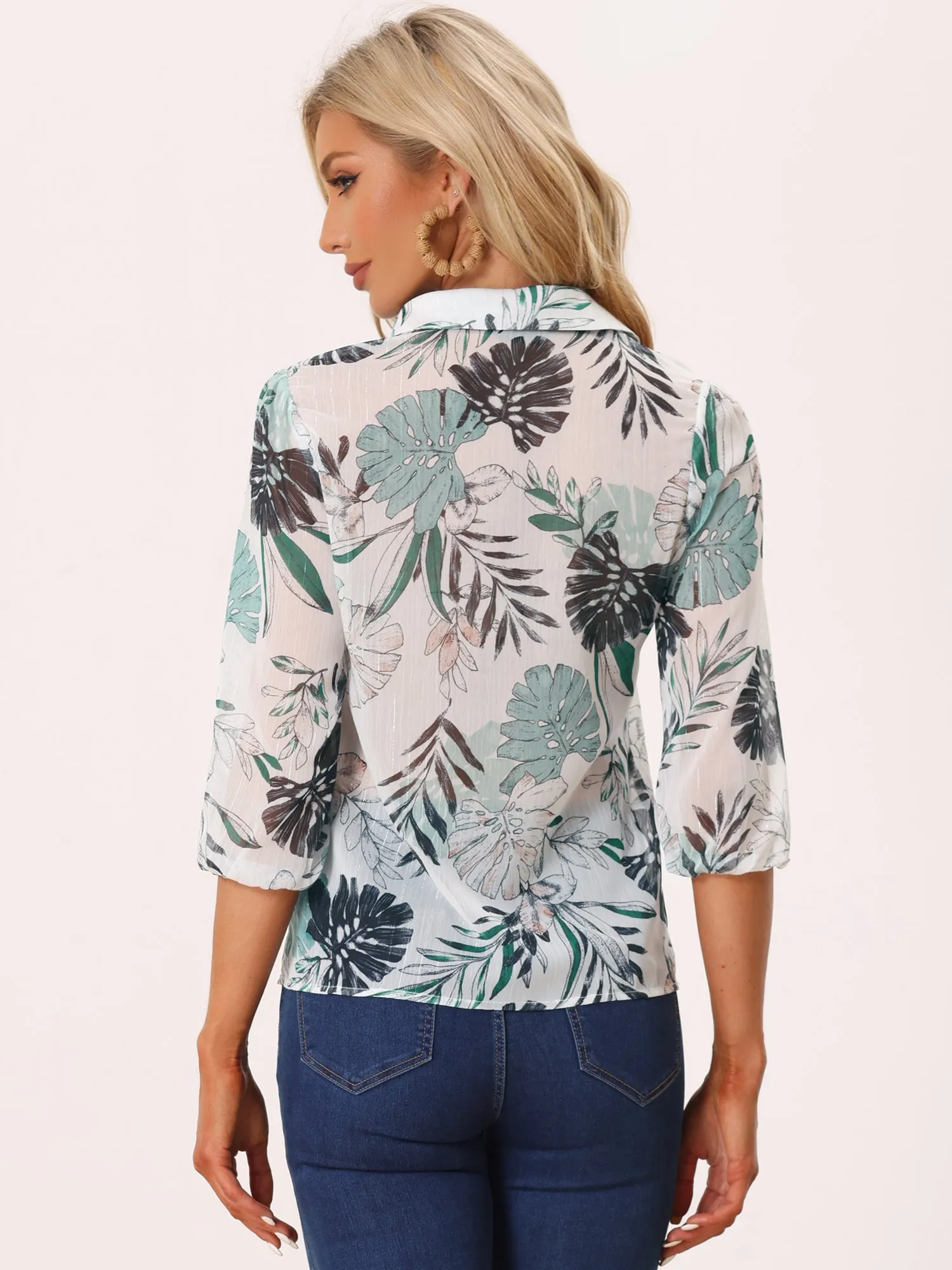 Sheer Point Collared 3/4 Sleeve Lightweight Leaves Print Blouse sold by Allegra K product image thumbnail 3