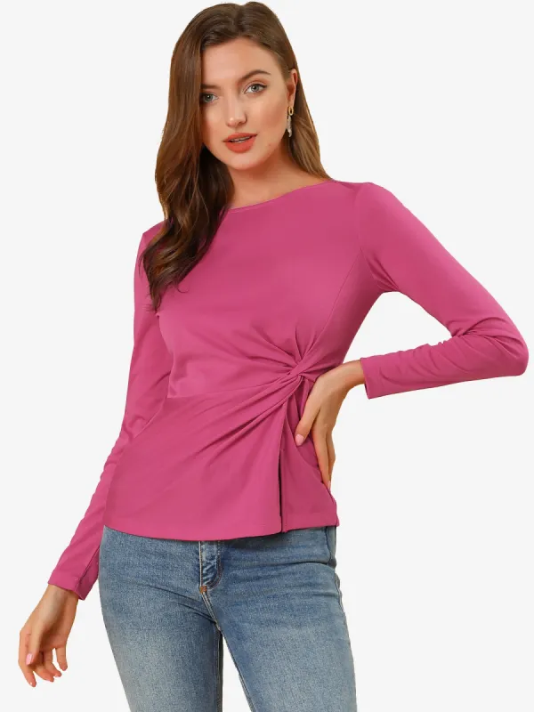 Round Neck Front Twist Tops Long Sleeve Blouse T Shirt sold by Allegra K