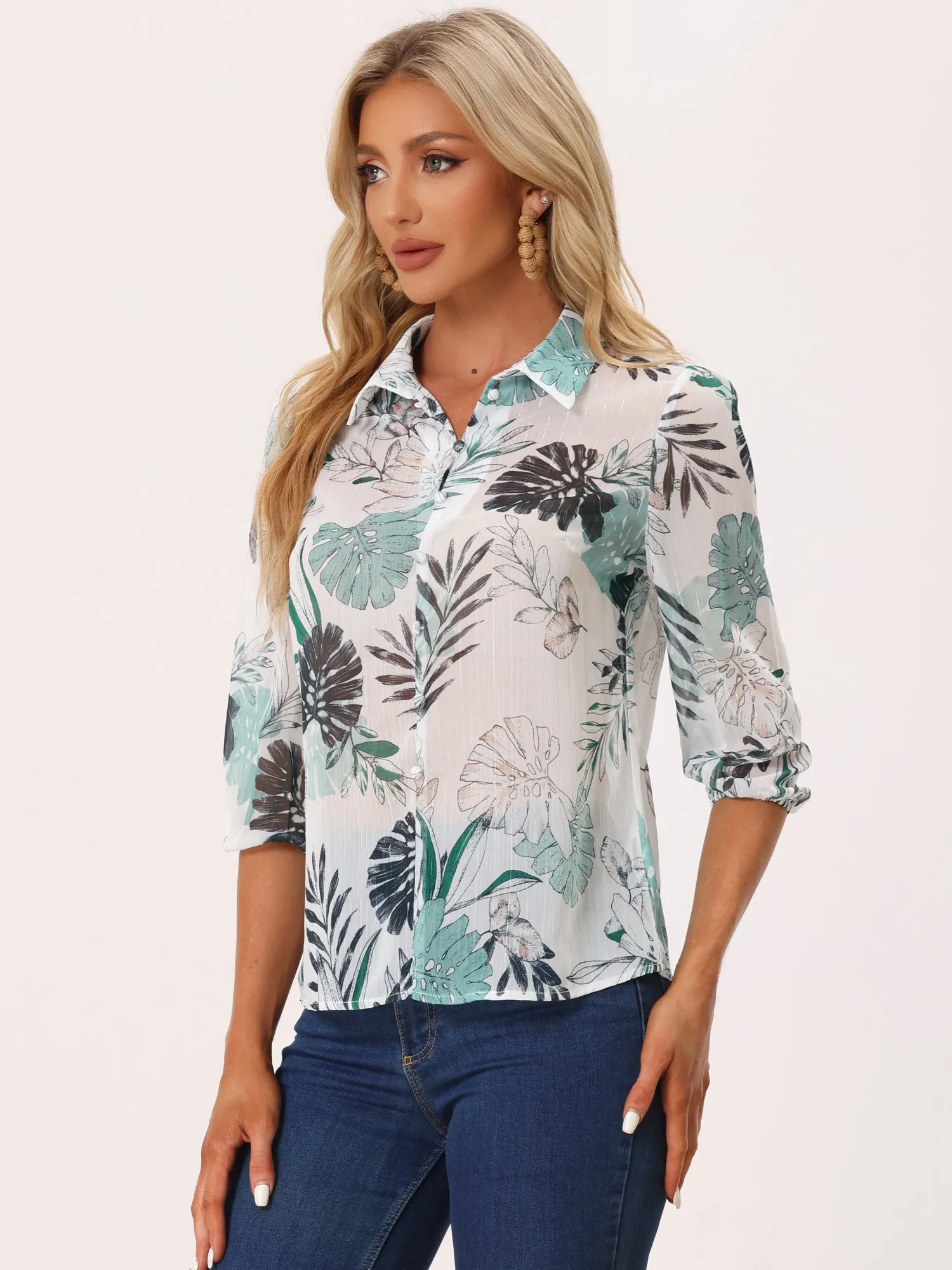 Sheer Point Collared 3/4 Sleeve Lightweight Leaves Print Blouse sold by Allegra K product image thumbnail 4
