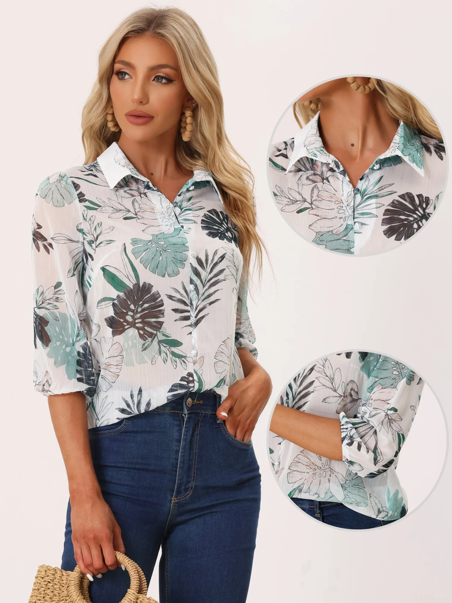 Sheer Point Collared 3/4 Sleeve Lightweight Leaves Print Blouse sold by Allegra K product image thumbnail 2