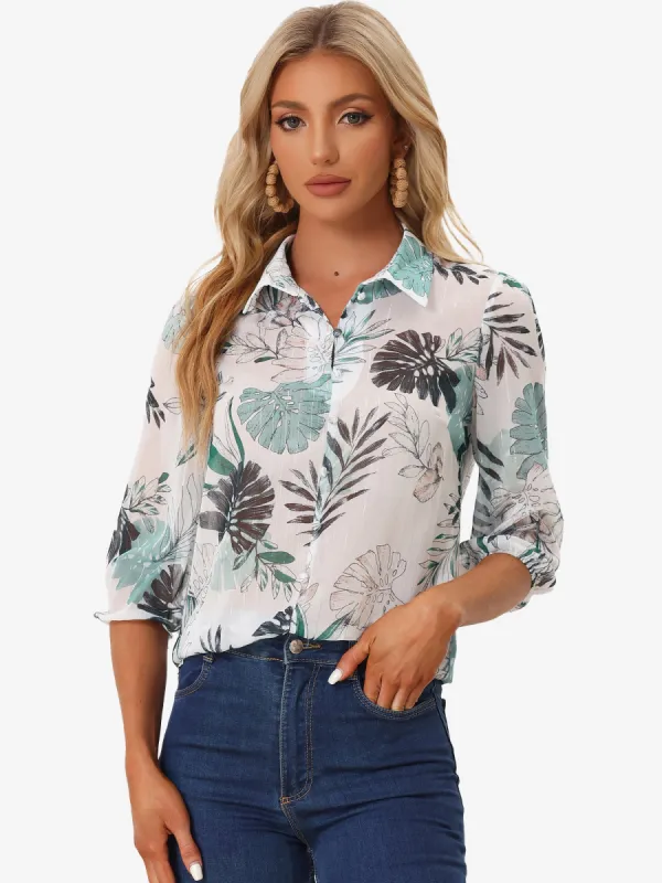 Sheer Point Collared 3/4 Sleeve Lightweight Leaves Print Blouse sold by Allegra K