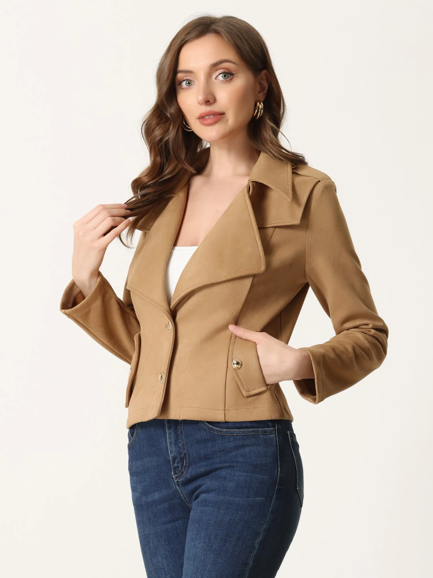 Faux Suede Long Sleeve Lapel Collar Moto Biker Jacket sold by Allegra K