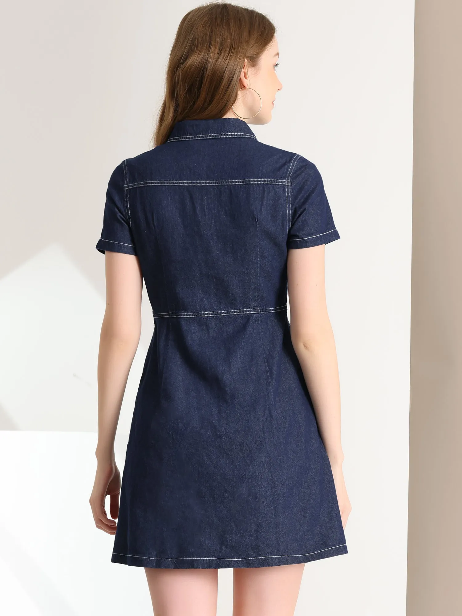 Denim Collared Short Sleeve Summer A-line Dress sold by Allegra K product image thumbnail 4
