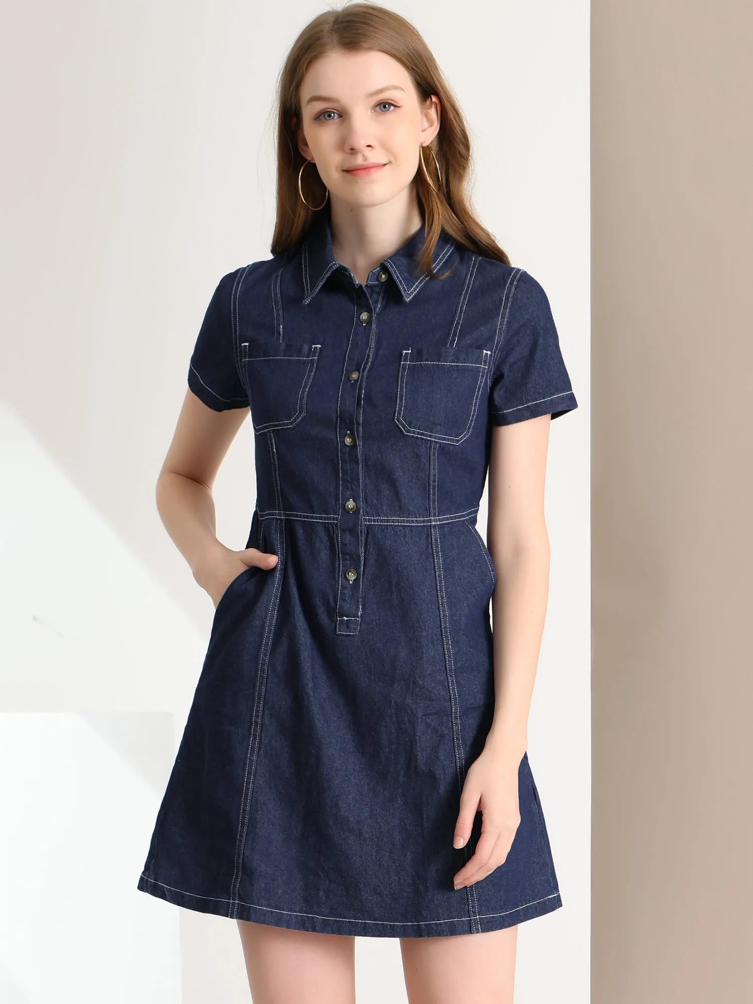 Denim Collared Short Sleeve Summer A-line Dress sold by Allegra K