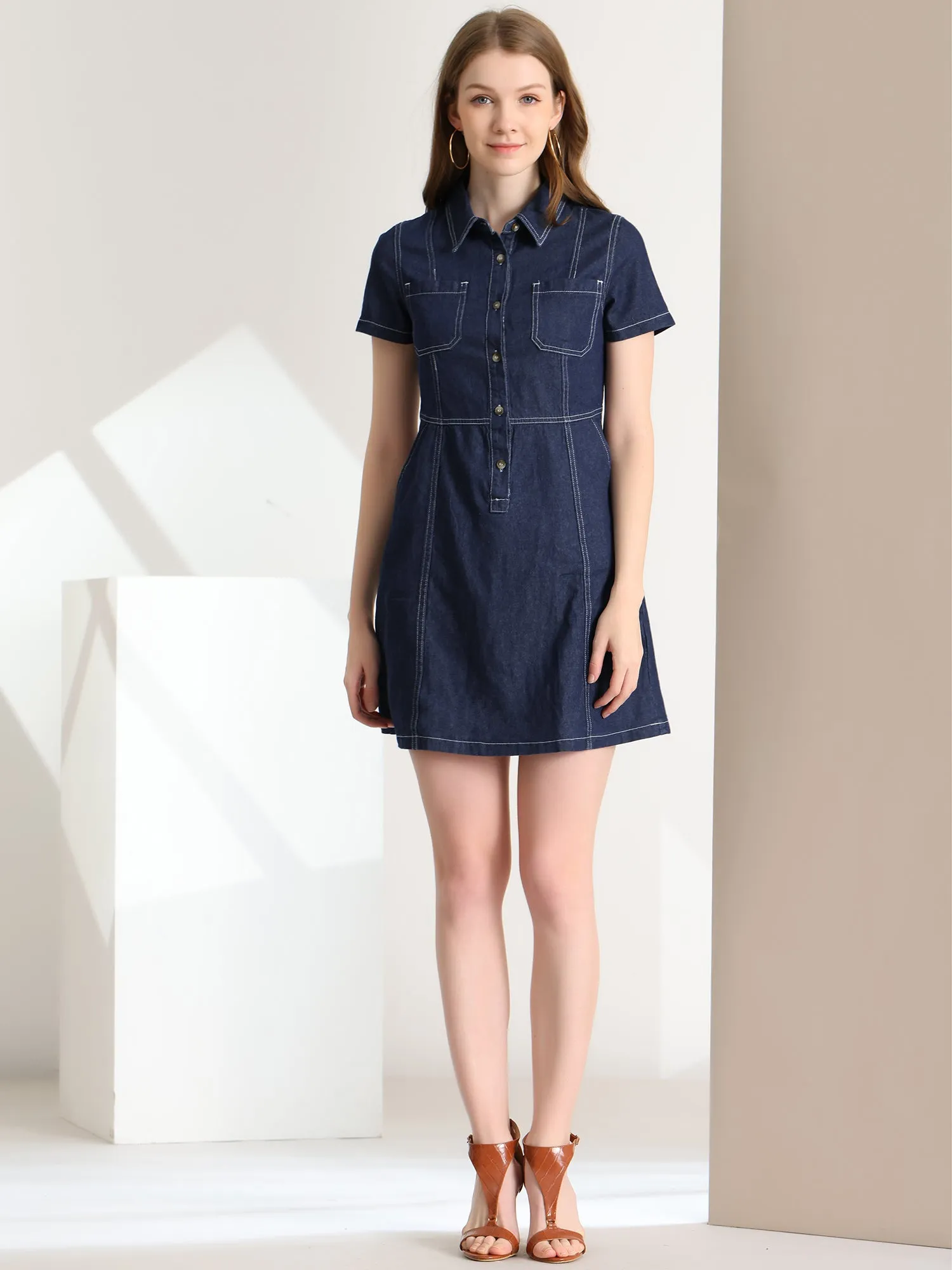 Denim Collared Short Sleeve Summer A-line Dress sold by Allegra K product image thumbnail 2
