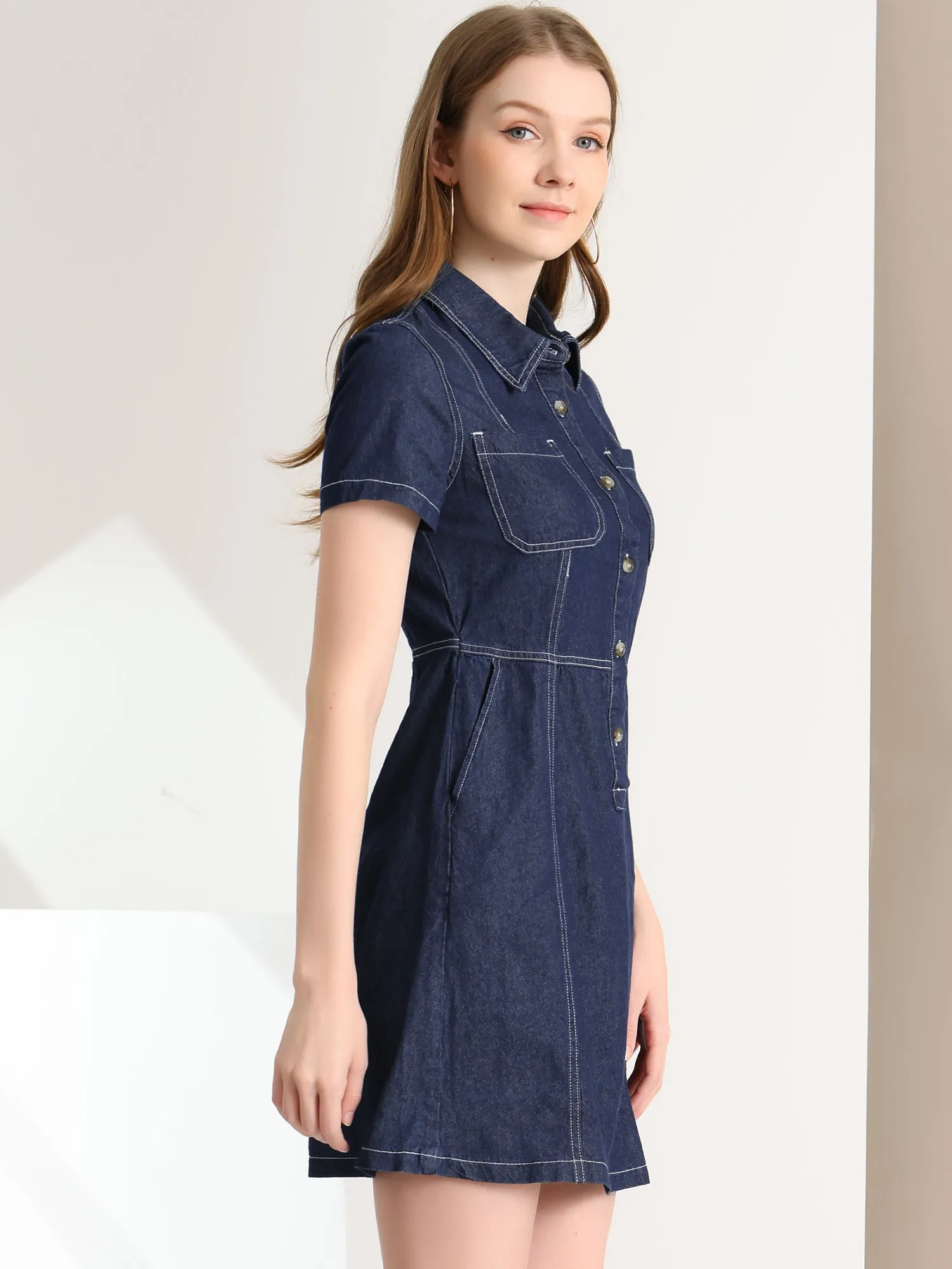 Denim Collared Short Sleeve Summer A-line Dress sold by Allegra K product image thumbnail 3