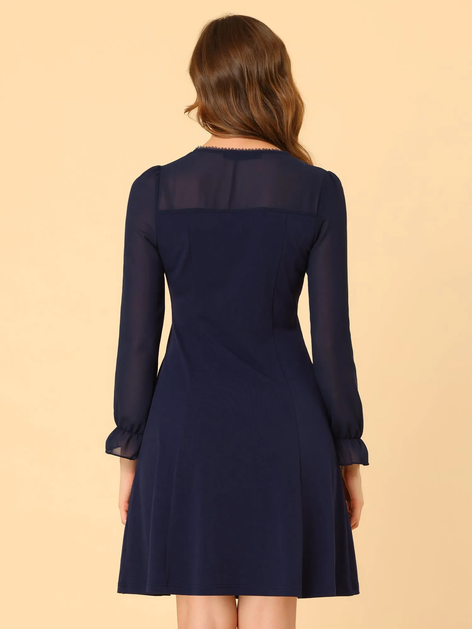 Ruffle V Neck Mesh Sheer Panel Long Sleeve Chiffon Mini Dress sold by Allegra K product image thumbnail 4