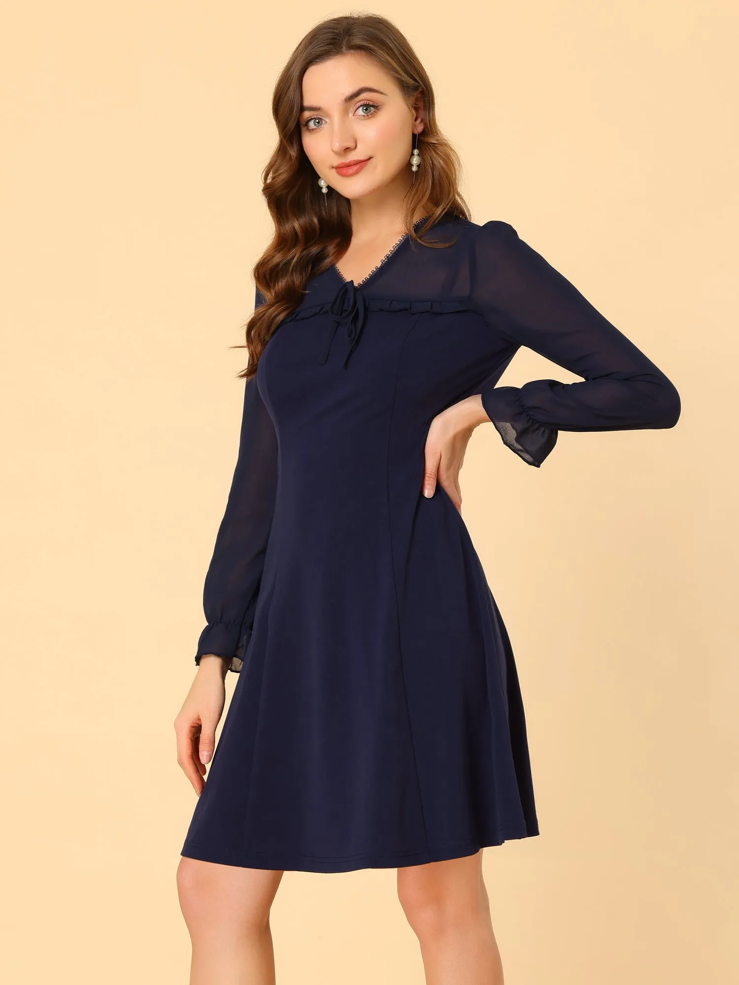 Ruffle V Neck Mesh Sheer Panel Long Sleeve Chiffon Mini Dress sold by Allegra K product image thumbnail 3
