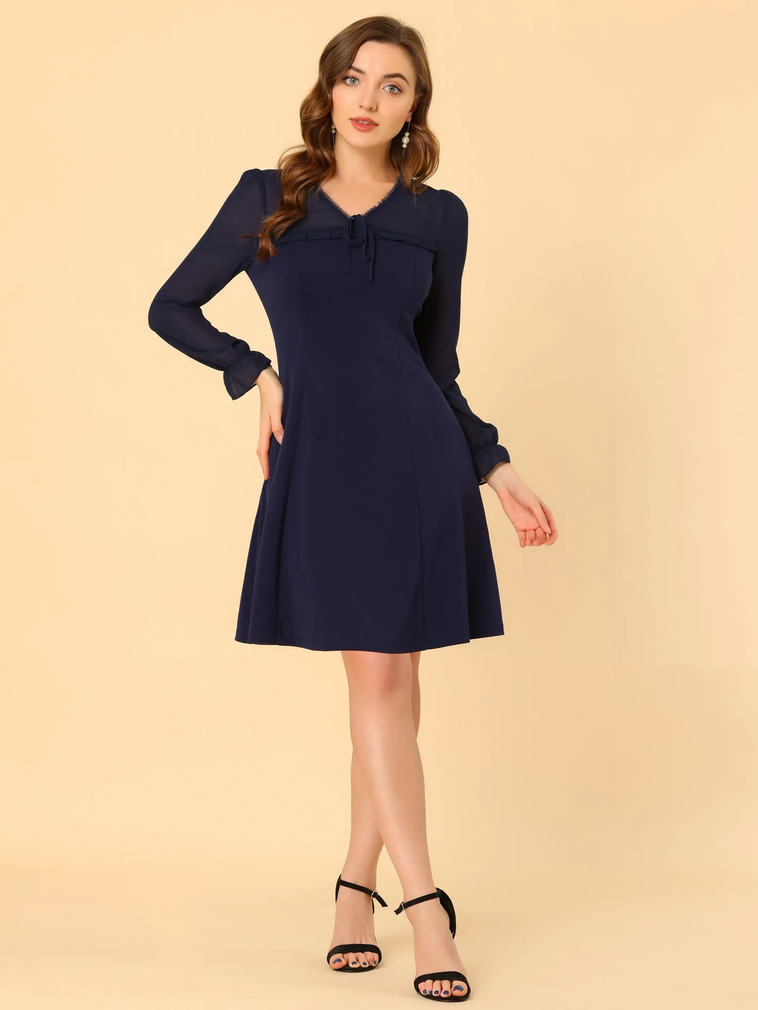 Ruffle V Neck Mesh Sheer Panel Long Sleeve Chiffon Mini Dress sold by Allegra K product image thumbnail 2