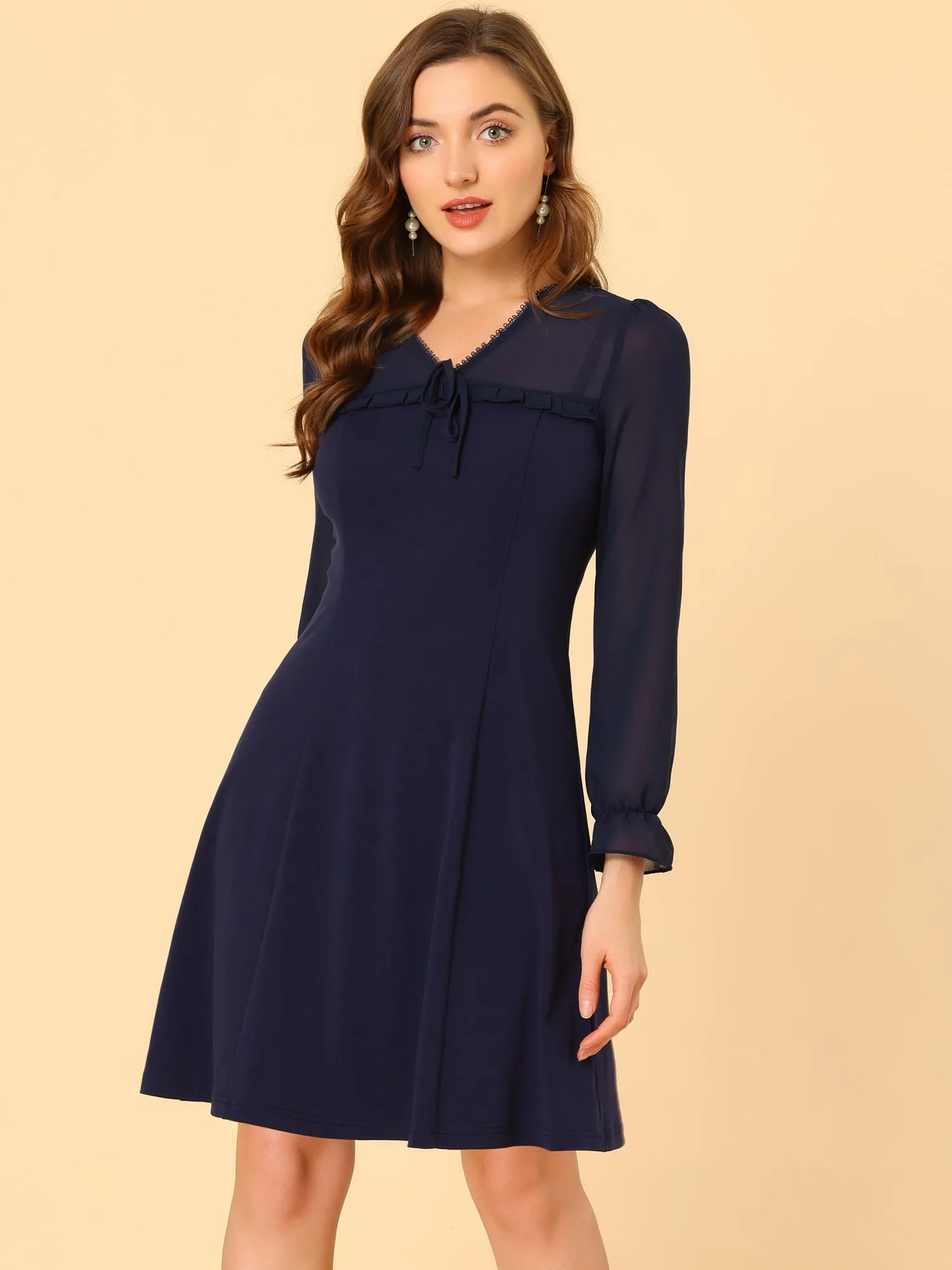 Ruffle V Neck Mesh Sheer Panel Long Sleeve Chiffon Mini Dress sold by Allegra K