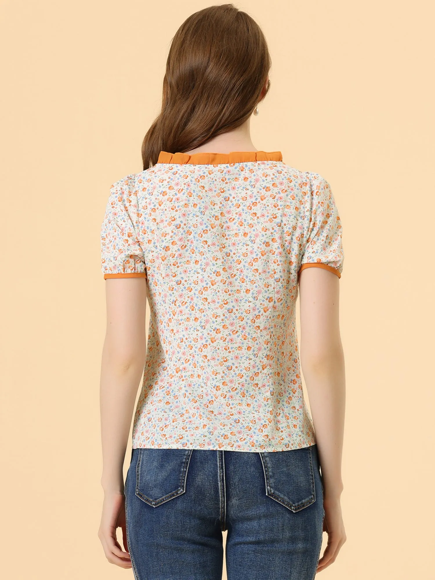 Vintage Contrast Ruffled Trim Square Neck Chiffon Floral Blouse sold by Allegra K product image thumbnail 3