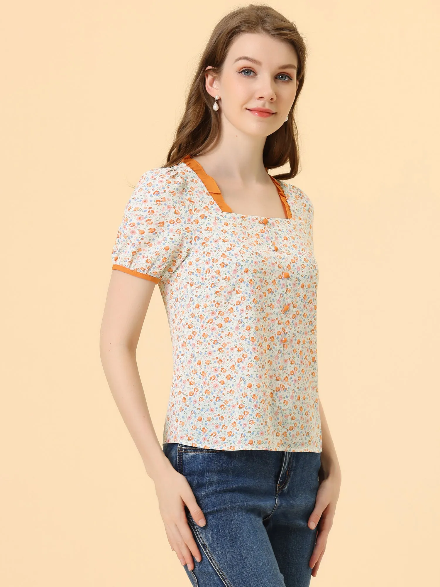 Vintage Contrast Ruffled Trim Square Neck Chiffon Floral Blouse sold by Allegra K product image thumbnail 5