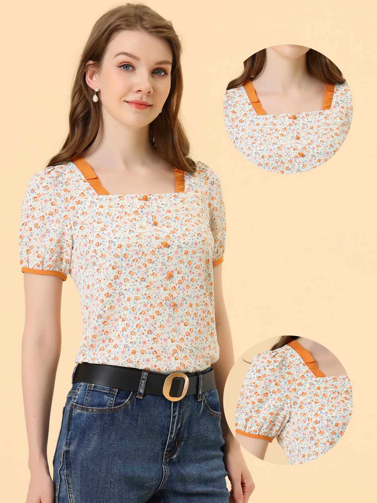 Vintage Contrast Ruffled Trim Square Neck Chiffon Floral Blouse sold by Allegra K product image thumbnail 2