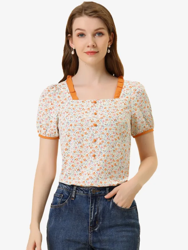 Vintage Contrast Ruffled Trim Square Neck Chiffon Floral Blouse sold by Allegra K