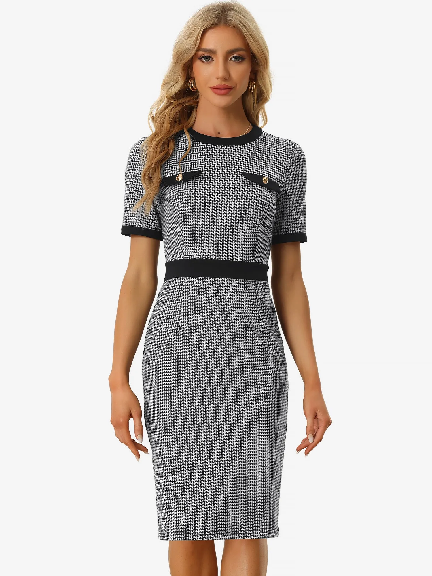 Plaid Houndstooth Short Sleeve Contrast Bodycon Dress sold by Allegra K
