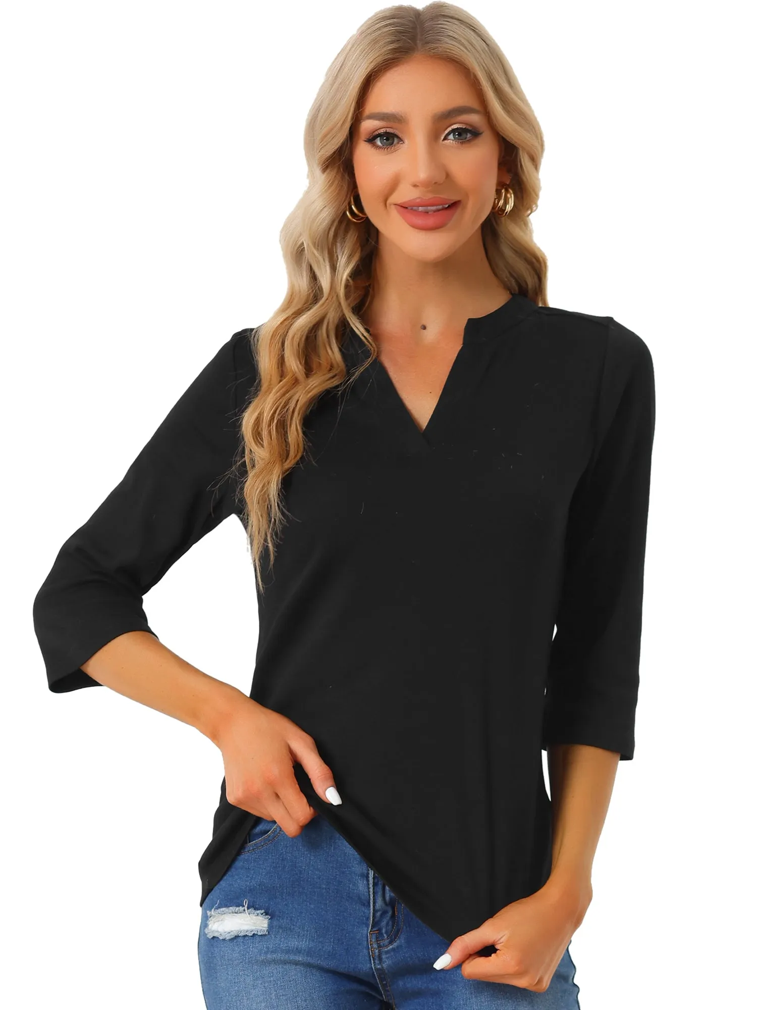 Classic V Neck Long Sleeve Solid Color Knit Polo Shirt sold by Allegra K product image thumbnail 2