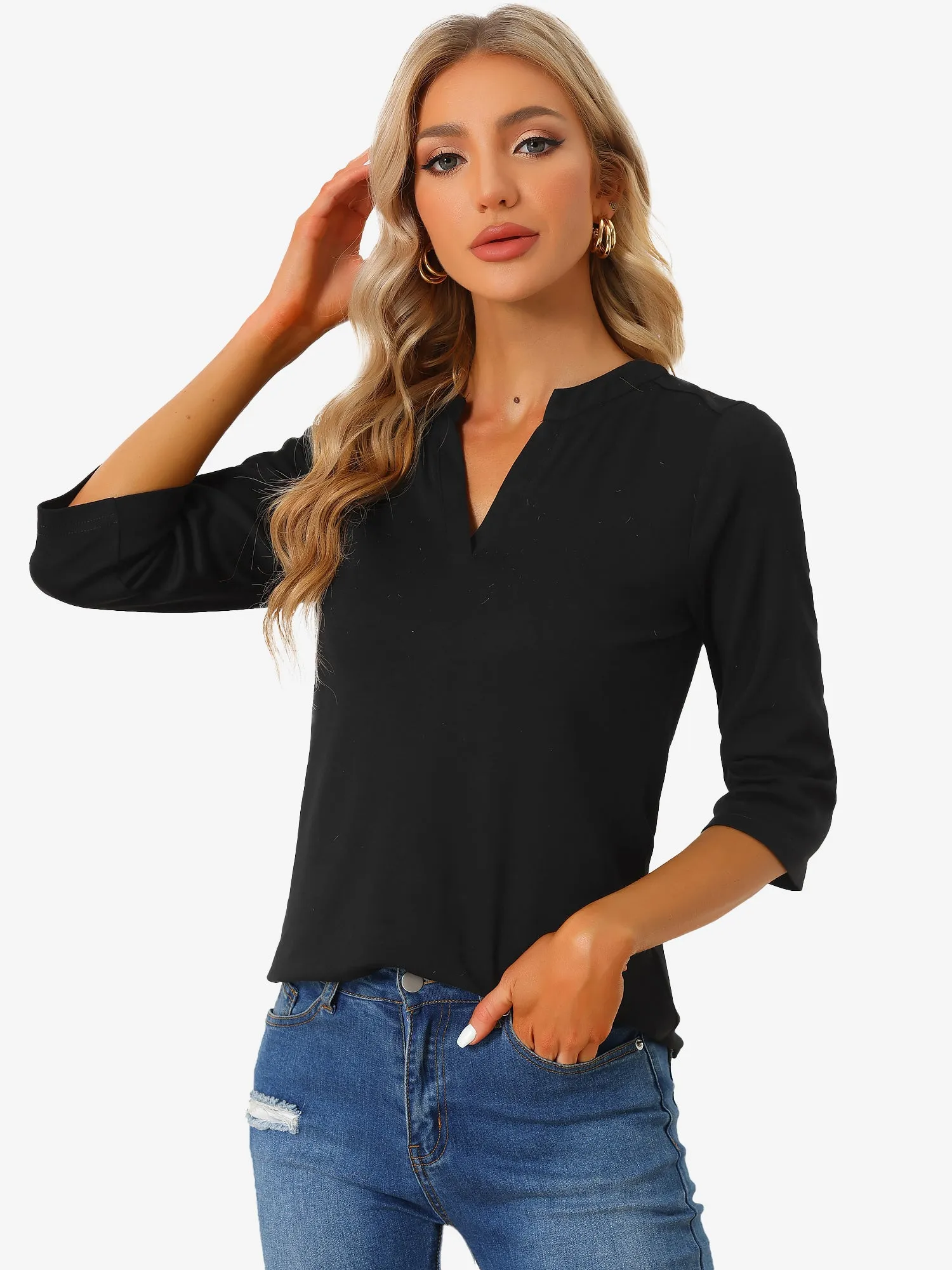 Classic V Neck Long Sleeve Solid Color Knit Polo Shirt sold by Allegra K