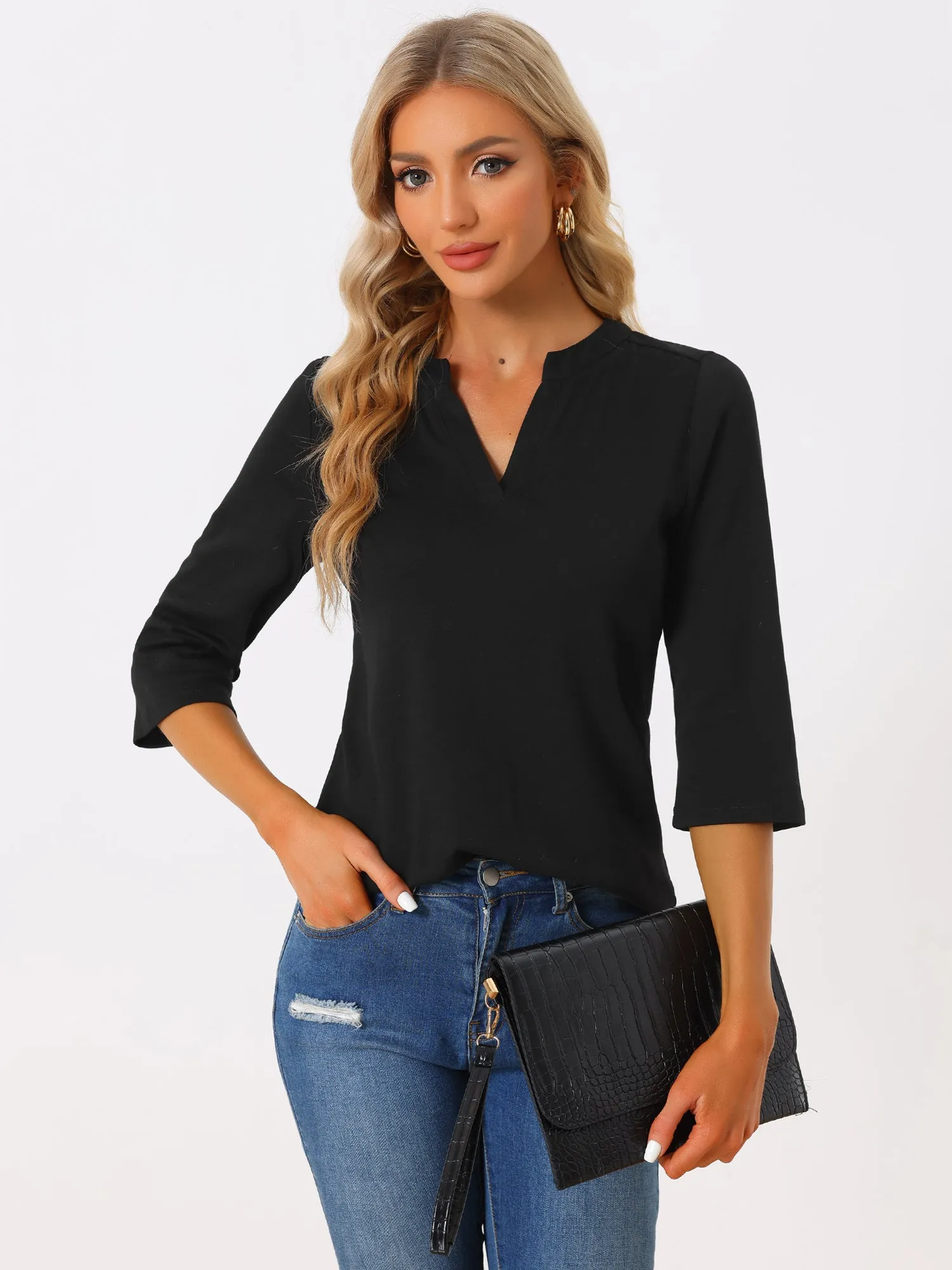 Classic V Neck Long Sleeve Solid Color Knit Polo Shirt sold by Allegra K product image thumbnail 3