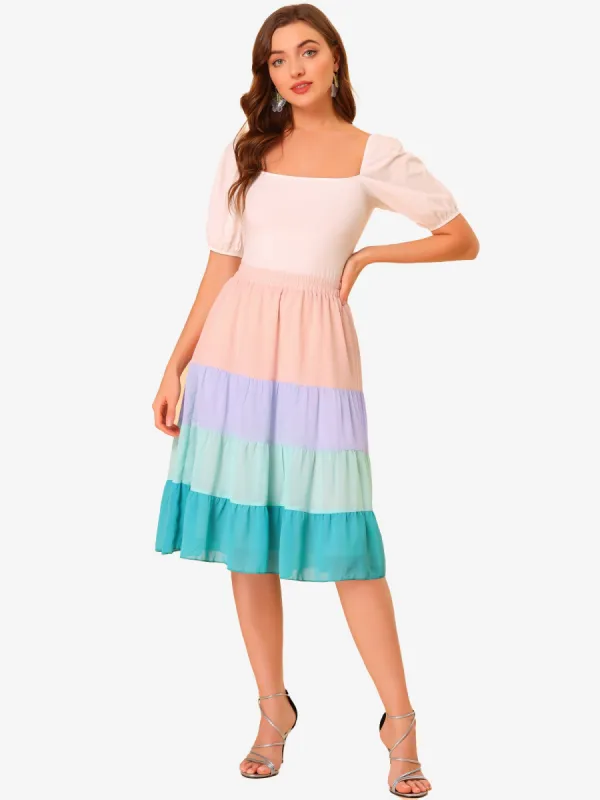 Tiered High Waist Contrast Chiffon Color Block Skirt sold by Allegra K