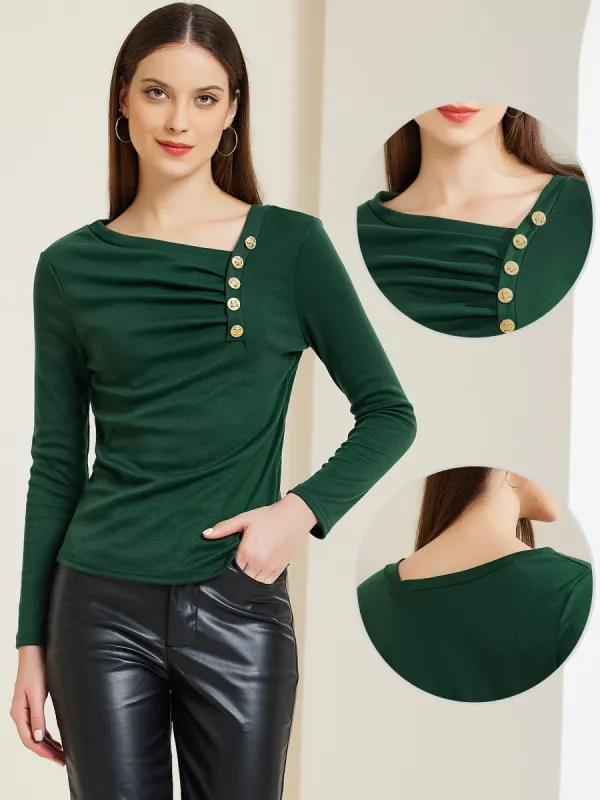 Asymmetrical Neck Button Decor Long Sleeve Ruched Casual Top sold by Allegra K