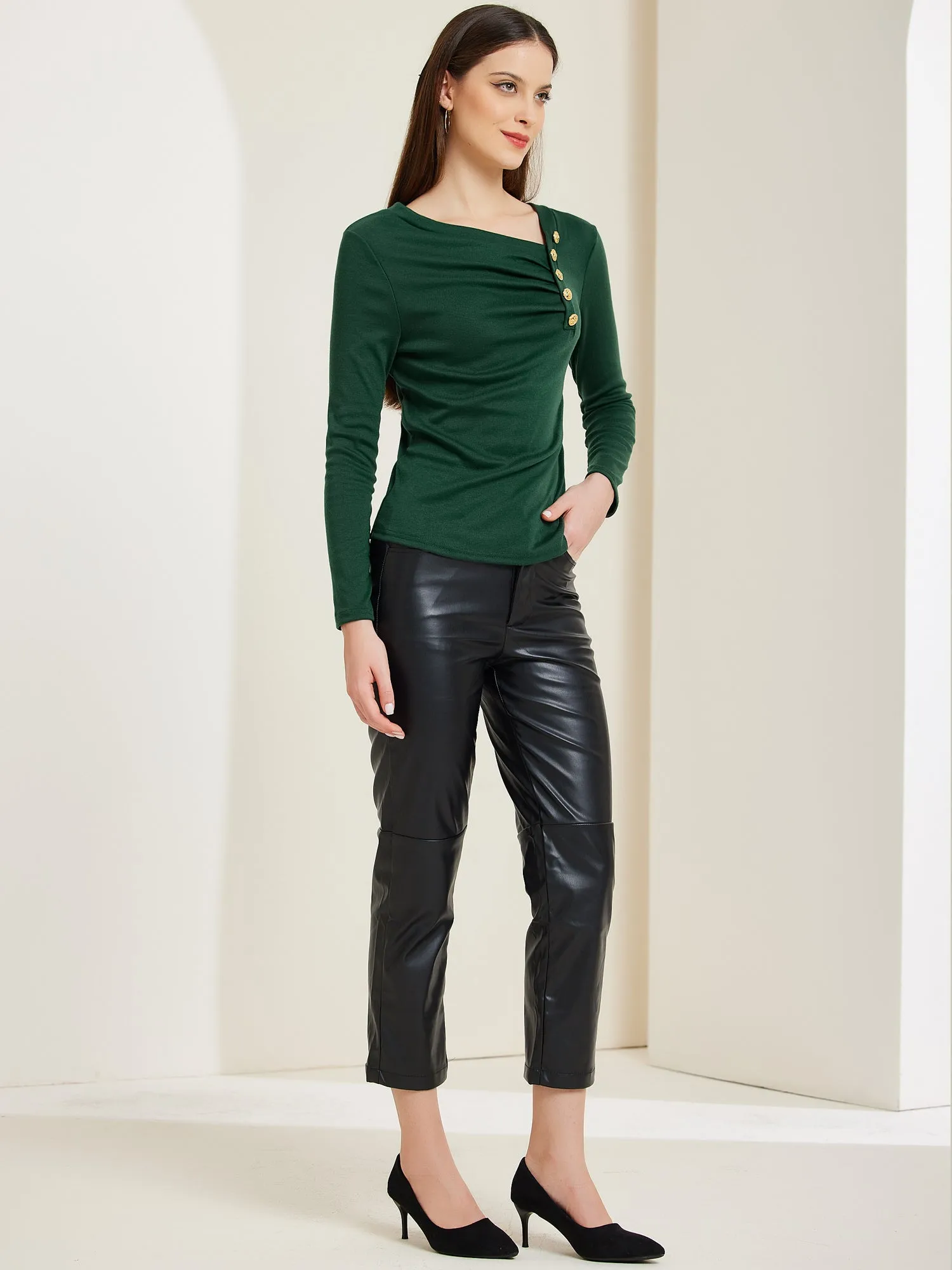 Asymmetrical Neck Button Decor Long Sleeve Ruched Casual Top sold by Allegra K product image thumbnail 3