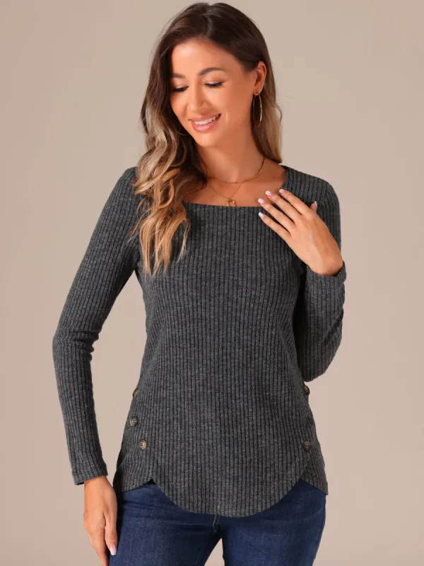 Long Sleeve Square Neck Button Decor Textured Ribbed Knit Top sold by Allegra K
