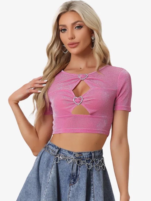 Party Glitter Shiny Short Sleeves Cut Out Crop Tops sold by Allegra K
