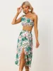 Summer Floral Printed Crop Tube Tops Split Long Skirt 2 Piece Set sold by Allegra K