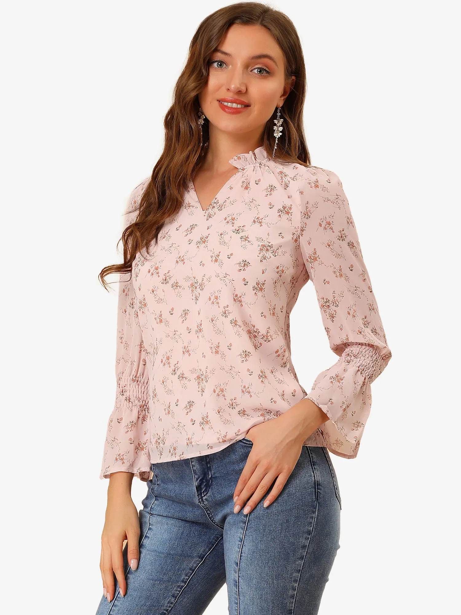 Chiffon Smocked Sleeve Ruffle V Neck Floral Blouse Top sold by Allegra K