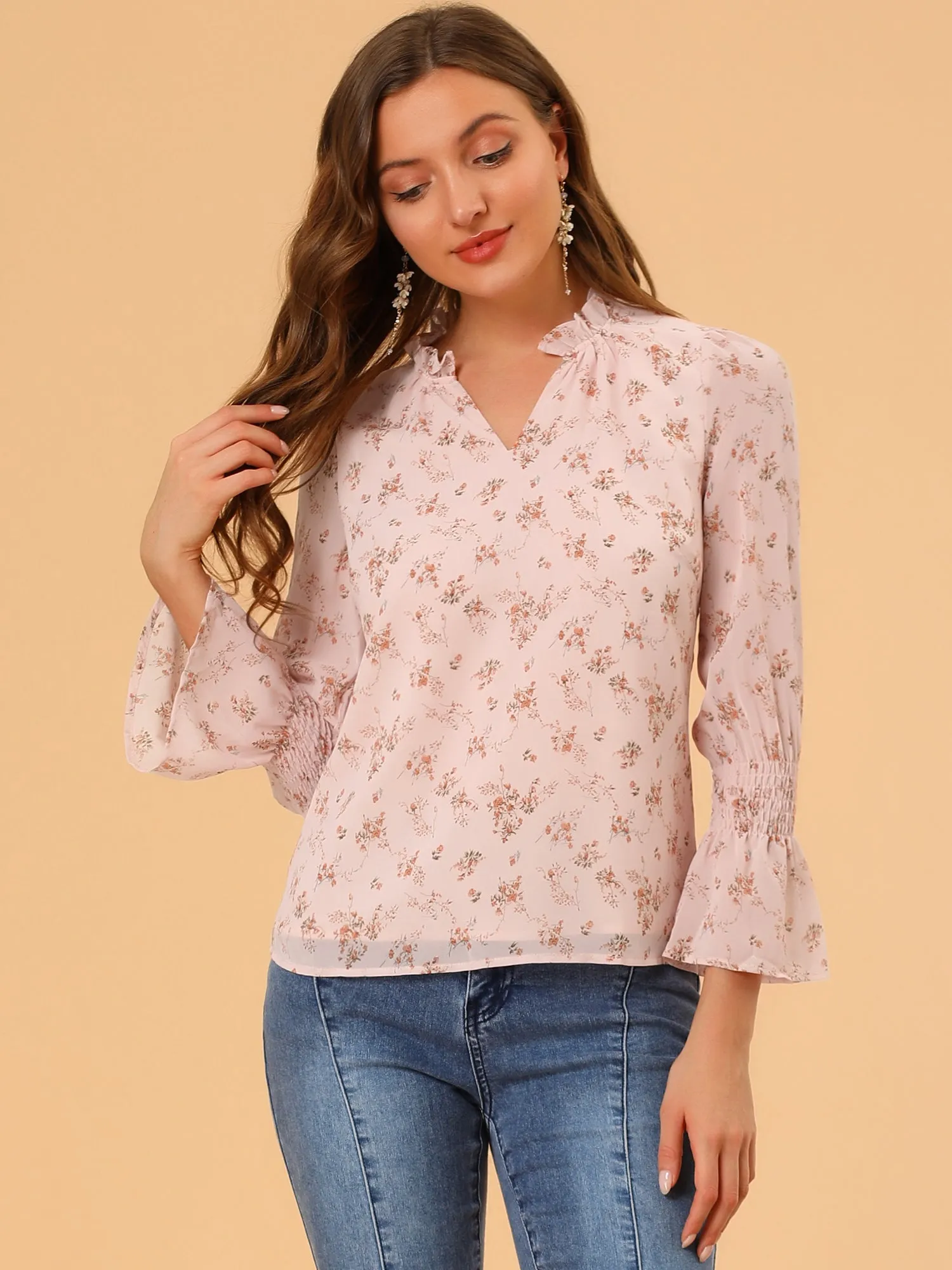 Chiffon Smocked Sleeve Ruffle V Neck Floral Blouse Top sold by Allegra K product image thumbnail 3