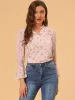 Chiffon Smocked Sleeve Ruffle V Neck Floral Blouse Top sold by Allegra K