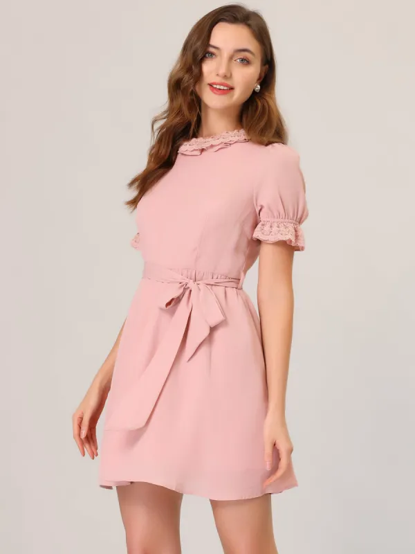 Puff Sleeve Ruffled Lace Nack Flared A-Line Elegant Tie Waist Dress sold by Allegra K