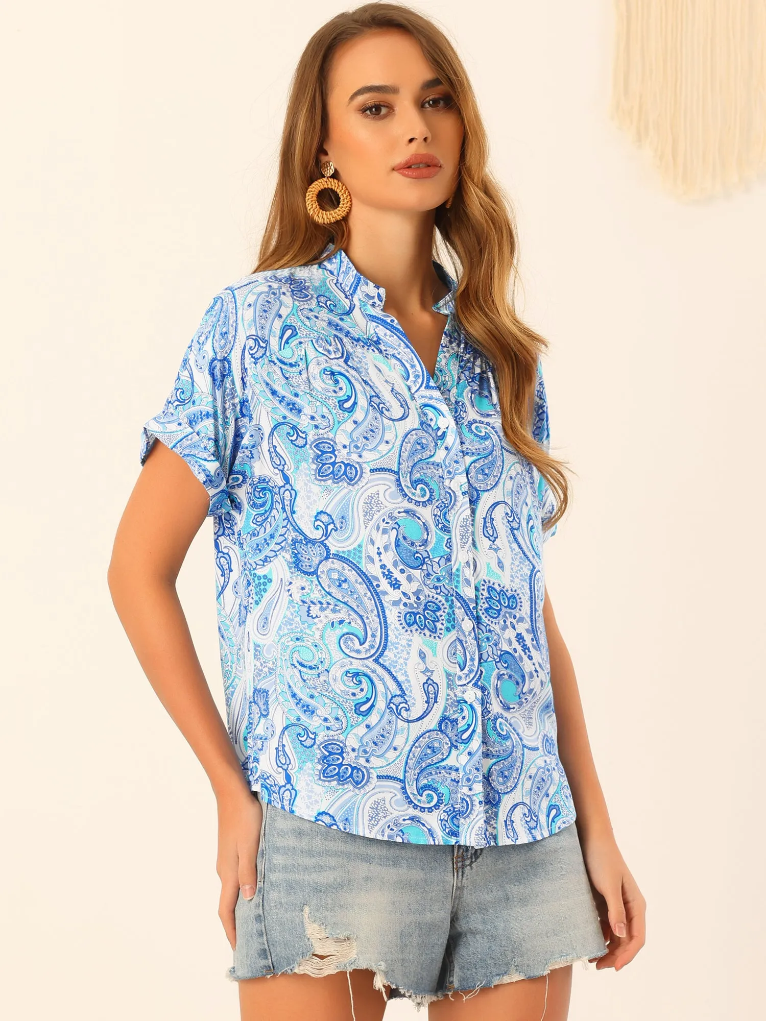 Summer Floral Short Sleeve V Neck Casual Loose Button Down Shirt Tops sold by Allegra K product image thumbnail 3