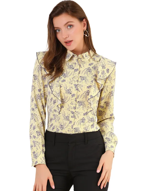 Ruffled Trim Floral Blouse Tie Neck Casual Office Shirt sold by Allegra K